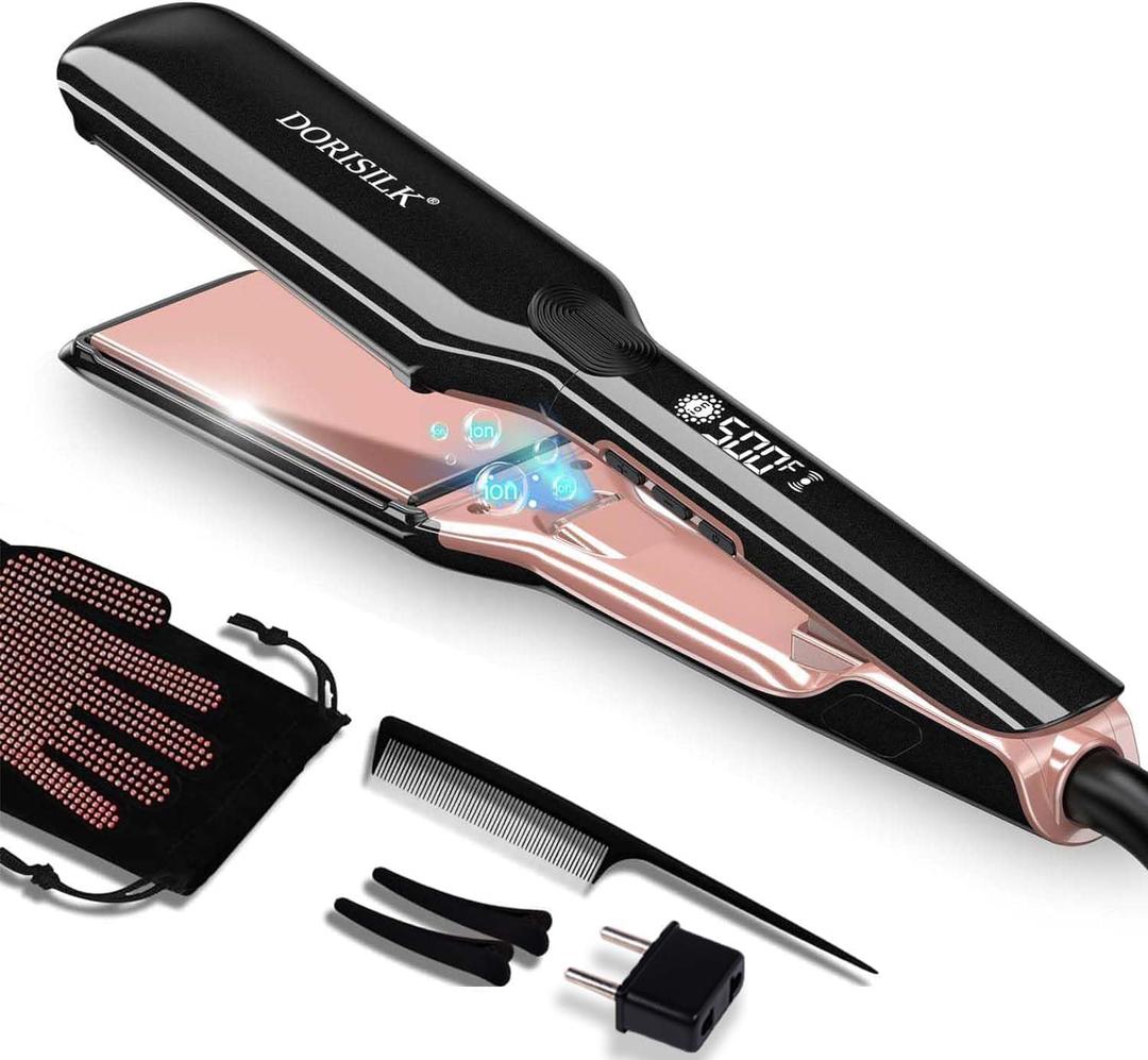 DORISILK 500 Degree High Temp Professional Hair Straightenr  Ceramic Wide Flat Iron 2 in 1 Hair Straightener and CurlerPlasma Flat Iron Get Frizz-Free and Shiny 500FW1