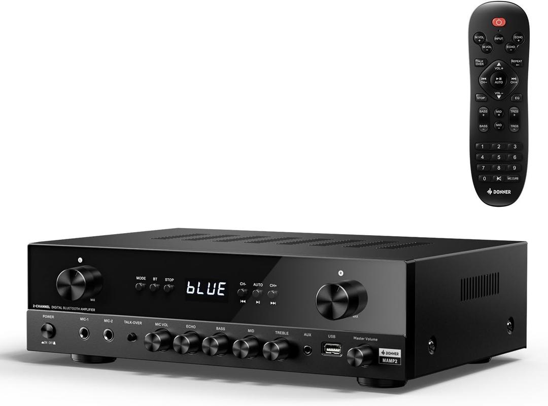 Donner Stereo Audio Amplifier, 600W Peak 2 Channel Receiver with Bluetooth 5.3, Phono, Optical, Coaxial, USB, FM, 2 Micin, Aux, RCA Input for Home, Karaoke, Theater Speakers, MAMP2