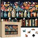Wildflower Wooden Puzzles for Adults, PICKFORU Vintage Flower Book Jigsaw Puzzle for Book Lover, Bookshelf Unique Shapes Wood Puzzles