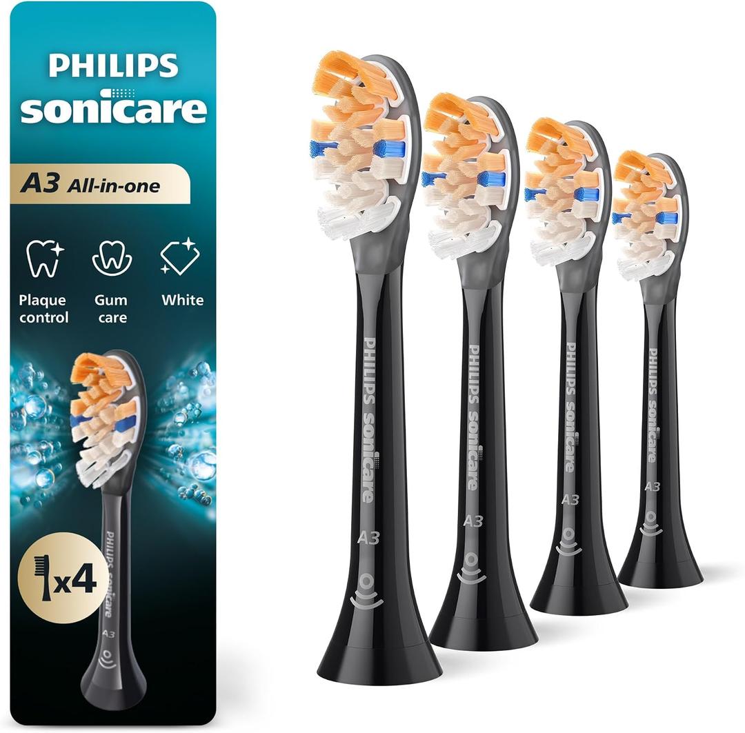Philips Sonicare A3 All-in-One - Genuine Replacement Electric Toothbrush Heads, Black, 4 Pack One Year Supply, HX9094/95