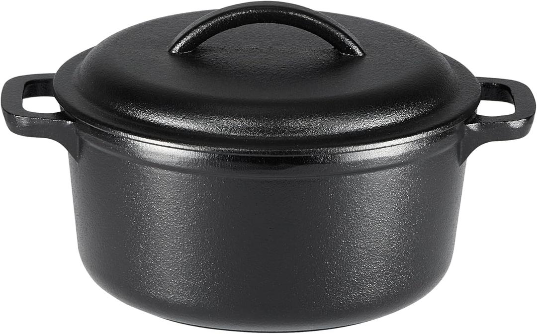 Amazon Basics Pre-Seasoned Cast Iron Mini Dutch Oven Pot with Lid and Dual Handles, Oven Safe, 2-Quart, Round, Black