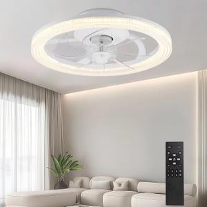 Ceiling Fans with Lights and Remote, 15.7"Flush Mount Ceiling Fan, 6Wind Speeds Low Profile Ceiling Fan with Light, Dimmable LED Fan Light, Modern Smart Leafless Ceiling Fan for Bedroom(White)