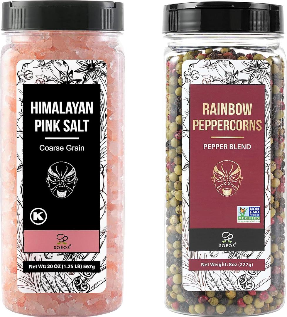 Soeos Himalayan Pink Salt and Rainbow Peppercorn Grinder Refills, 18oz Salt & 8oz Peppercorns, Kosher Seasoning Set for Cooking (13 Ounce (Pack of 2)) Soeos Himalayan Pink Salt and Rainbow Peppercorn Grinder Refills, 18oz Salt & 8oz Peppercorns, Kosher Seasoning Set for Cooking (13 Ounce (Pack of 2))