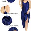 Lovasy Women Satin Nightgown Sexy Lingerie Long Slip Dress V Neck Sleepwear Nightdress S-XXL (Blue, L)