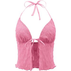 Women's Mesh Backless Halter Top Sleeveless Lettuce Trim Summer Crop Tops Y2K Shirts (Pink), M