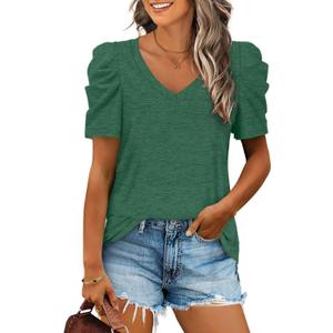 XIEERDUO Womens Summer Shirt V Neck Casual Tshirts Puff Sleeve Tops for Women Solid Color XS-3XL (Small, 06-green)
