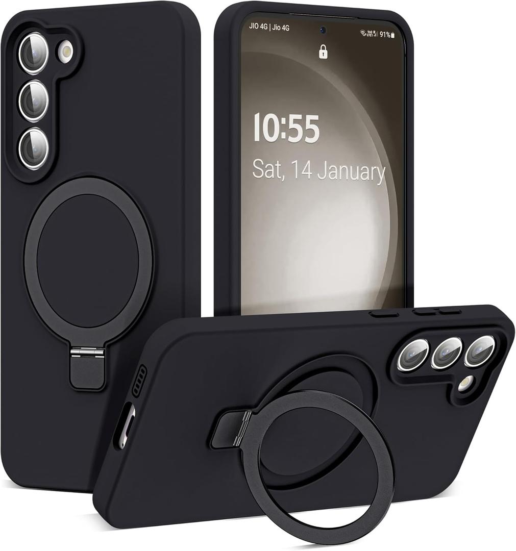 Designed for Samsung Galaxy S23 6.1'' with Magnetic Ring Stand[Compatible with Mag-Safe][Military-Grade Protection] Slim Liquid Silicone S23 Phone Case for Men Wowen,Black