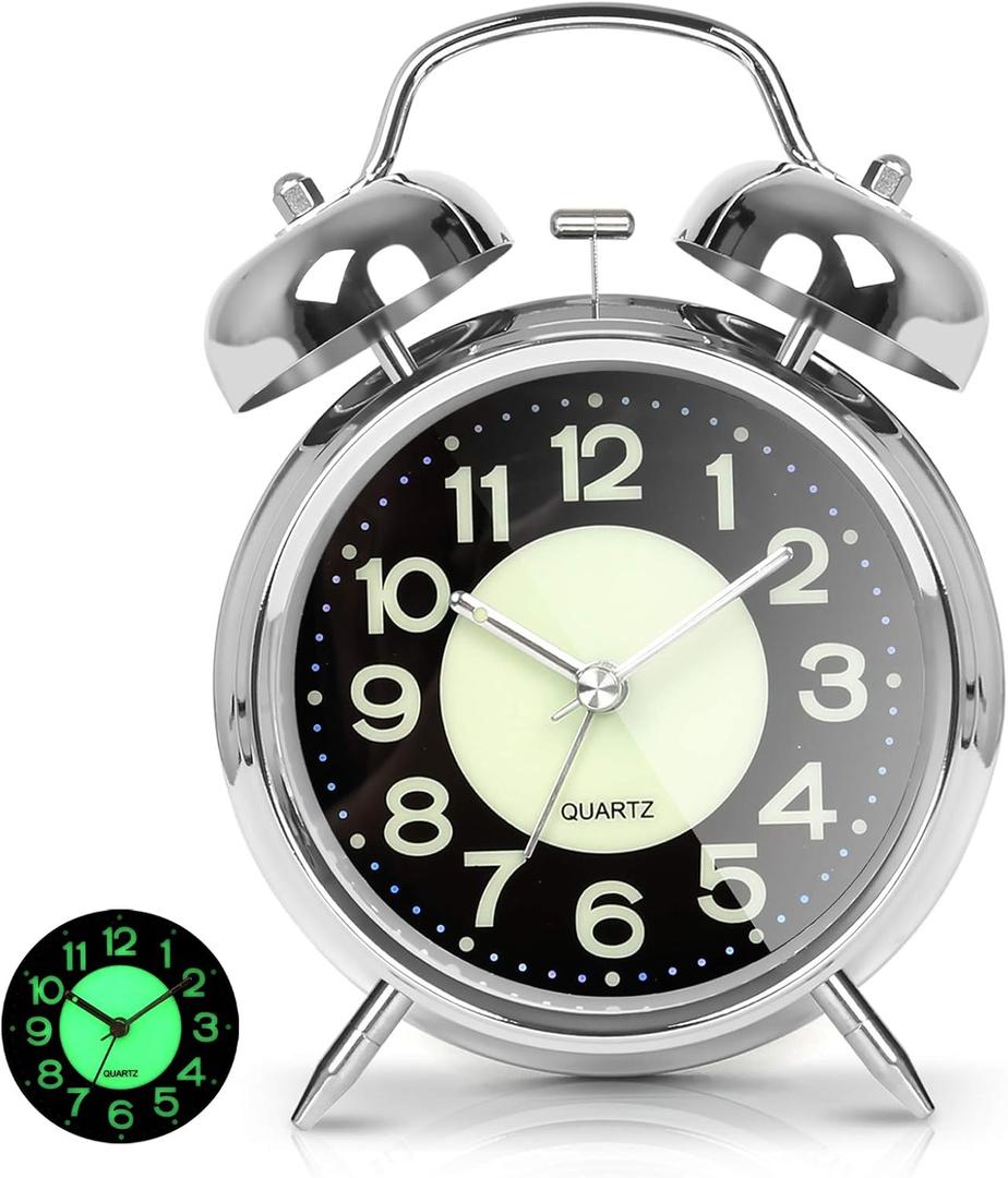 AYRELY Super Loud Alarm Clock for Heavy Sleepers Adults,Twin Bell Retro 4 Inch Silent Non-Ticking Quartz with Backlight, Luminous dial, Alarm Clocks for Bedrooms Bedside (Silver)