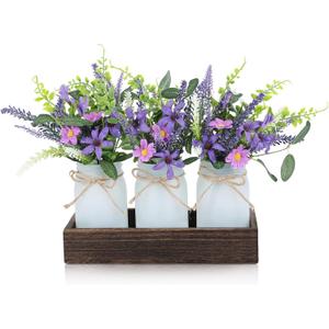 3 Pack Lavender Mason Jar Table Centerpiece Tiered Tray Decor with Wood Tray Artificial Floral and Plants Purple Pink Daisy Flower for Rustic Farmhouse Home Kitchen Bathroom Decor