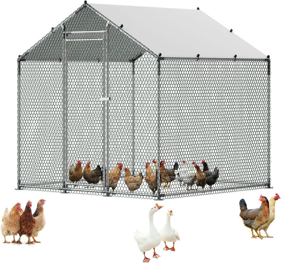 VEVOR Metal Chicken Coop, 6.56x6.56x6.56ft Walk in Chicken Runs with Cover, Spire Roof Hen House Enclosure with Security Lock, Outdoor Duck Rabbit Cage Poultry Pens for Backyard, Farm, Yard