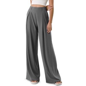 ODODOS Chiffon Flowy Pleated Wide Leg Pants for Women Built-in Shorts Lightweight High Waist Trouser with Pockets-29 Inseam, Charcoal, Small