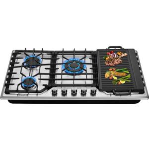 5 Burners 36 inch Gas Cooktop, Stainless Steel Gas Range Top, Gas Cooker Stove Propane Gas/Natural Gas Convertible AHT36IN10S-SDKP