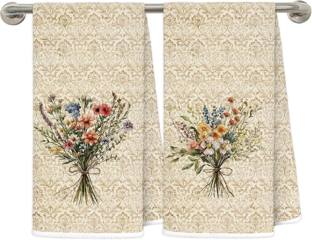 Vintage Floral Kitchen Towels, Cottagecore Floral Decorative Hand Towel for Bathroom, Rustic Retro Wild Flower Bouquet Dish Tea Towels, 16x24 Inches Set of 2