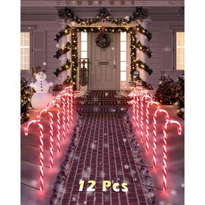 COOLWUFAN 12 Pack Christmas Candy Cane Pathway Markers, 22'' Candy Cane Christmas Decorations Pathway Lights Outdoor with 72 Warm Lights for Xmas Holiday Party Walkway Patio Garden Yard Lawn Decor