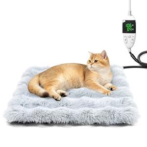 Cat Heating Pad, Pet Heating Pad with Smart Thermostat, 12 Temp Levels & 0-12H Timer, Plush Fleece Cover with Zipper, Waterproof & Chew Resistant, 18x18in for Cats and Small Dogs