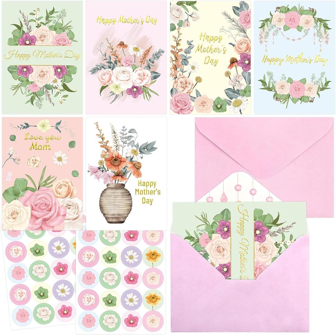 Fancy Land Happy Mothers Day Cards with Envelopes 12PCS Gold Foil Mother's Day Gift Cards Boho Floral Blank Inside