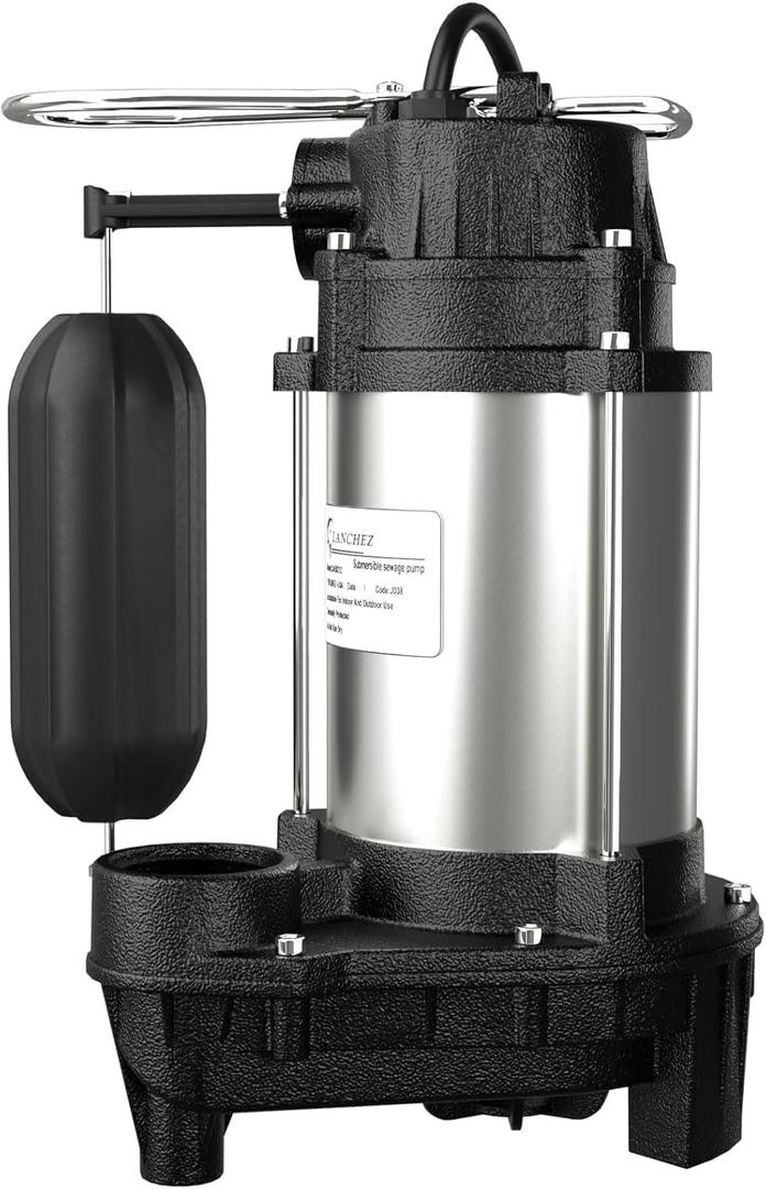 LANCHEZ 1/2 HP Submersible Sump Pump Cast Iron and Stainless Steel with Integrated Vertical Float Switch, 5200 GPH Sewage/Effluent Pump for Basement, Basin, Sewage System, 1-1/2" NPT Discharge