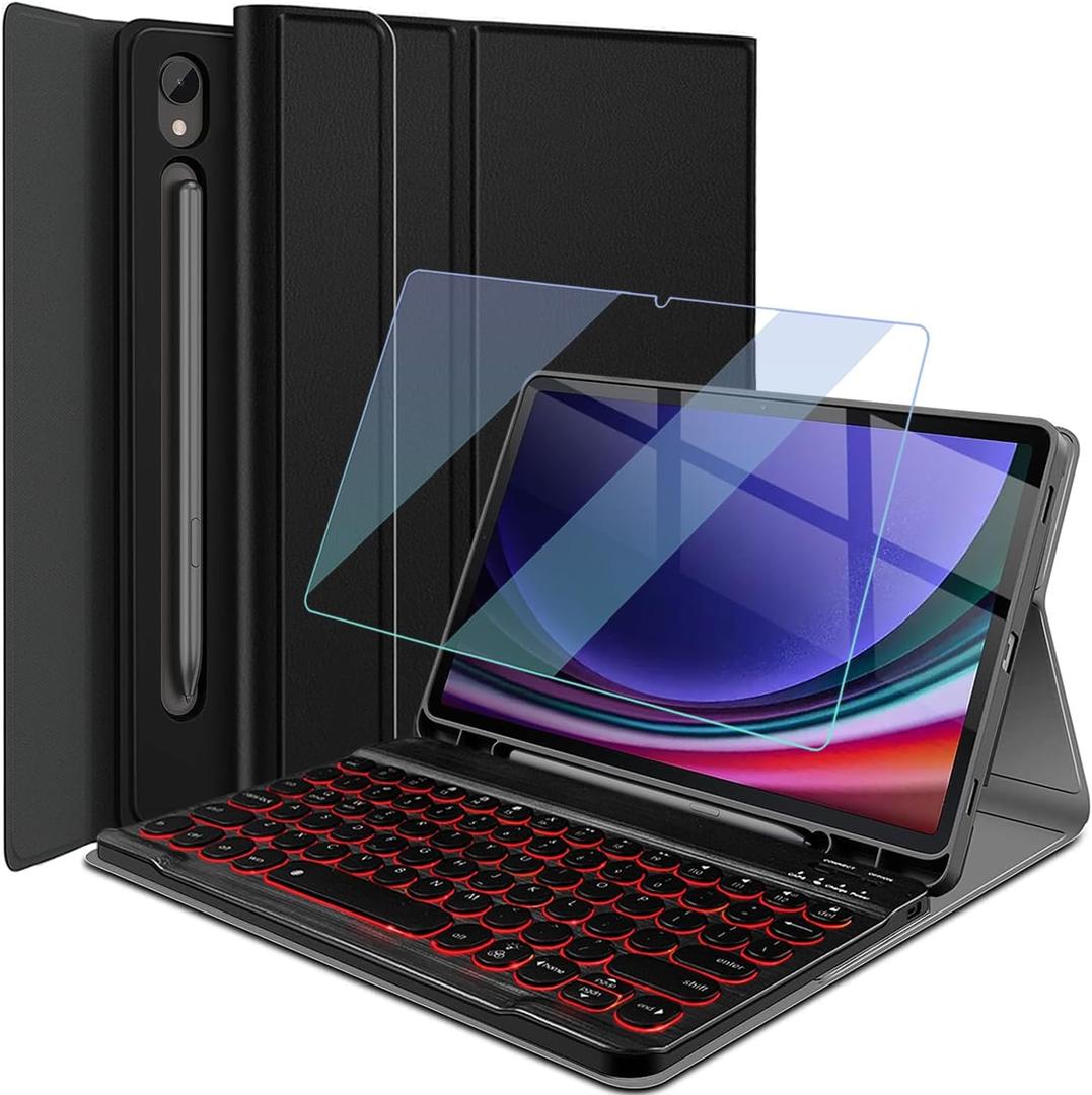 Backlit Keyboard Case for Samsung Galaxy Tab S10 FE 2025/ S9 FE 5G 2023 10.9"/Tab S9 11 Inch with Screen Protector, Wineecy 7 Colors Light Detachable Wireless Keyboard with PU Leather Folio Cover Case