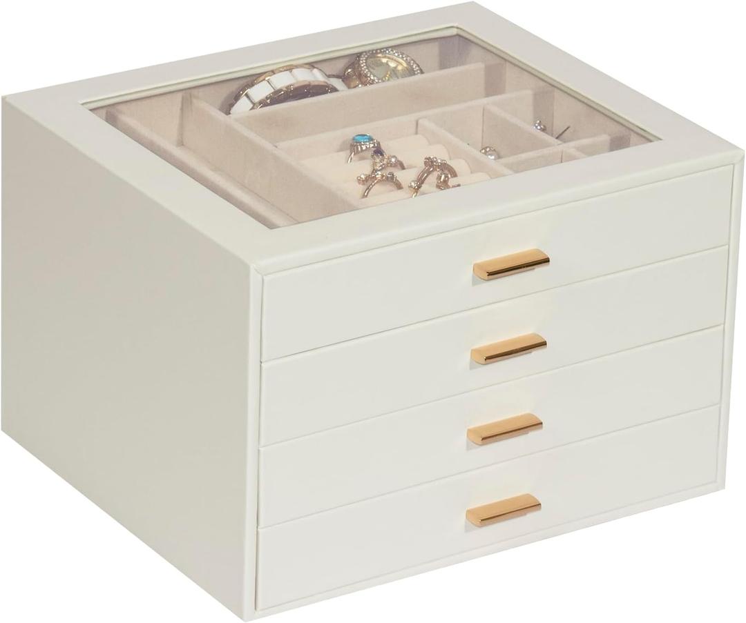 Jewelry Box with Glass Lid, 4-Layer Jewelry Organizer for Women Girls, PU Leather Display Case with 20-Grid Earring Tray & Movable Dividers for Necklaces Rings - Cloud White