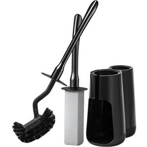 Toilet Brush and Holder Set with Pumice Stone  Long Handle Toilet Bowl Brush, Anti-Splash Scrubber, Ventilated Drip-Free Base, Deep Cleaner for Hard Water Stains, Limescale, Toilet Rings (Black)