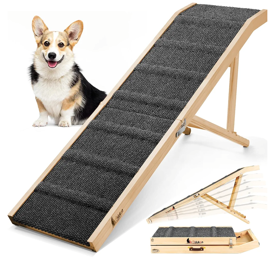 Dog Ramp for Bed, 64" Long Foldable Pet Ramp for Small Large Dogs, Dog Ramps for High Beds Car, High Traction with Platform 6 Adjustable Heights 24" to 30" Up to 220LBS Black