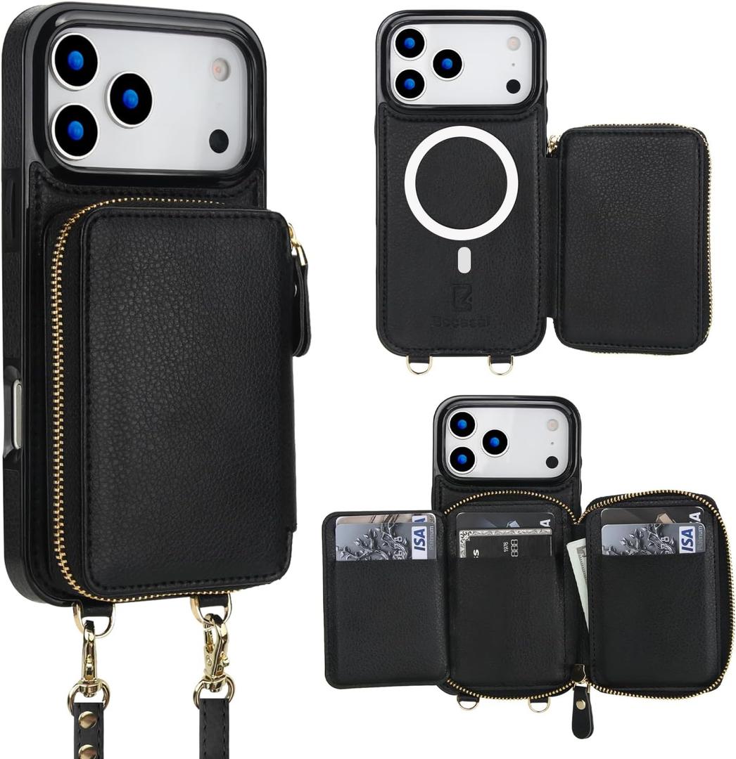 Bocasal for MagSafe Crossbody Wallet Case Compatible with iPhone 17 Pro Max, RFID Blocking Protective Purse Case with Card Slots Holder Kickstand Wrist Strap Lanyard Zipper 6.9 Inch 5G (Black)