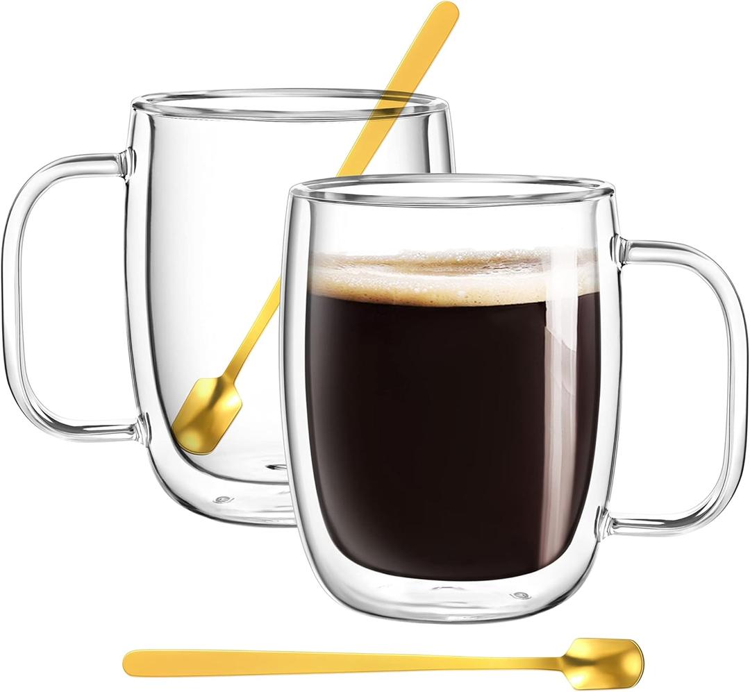 Large 16oz Double Walled Glass Coffee Mugs with Handle and Spoon, Clear Insulated Coffee Cups for Cappuccino, Tea, Latte, Espresso, Hot Beverages, Cold Drinks, Heat Resistant, Borosilicate, Set of 2