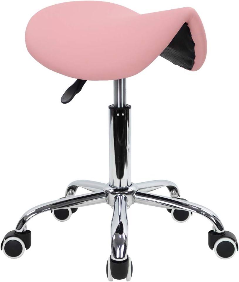 KKTONER Rolling Saddle Stool PU Leather Swivel Adjustable Rolling Stool with Wheels Salon Chair (Pink)