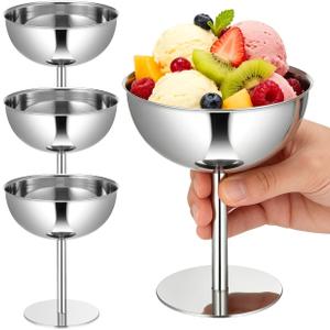 4PCS Stainless Steel Dessert Bowls, 5oz Ice Cream Cups, Stem Footed Metal Sundae Serving Dishes, Shatterproof Pudding Containers, Reusable Coupe Dessert Cup for Weddings Party Family Gathering(Silver)
