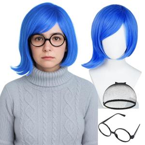 Wiggy Mermaid Blue Wig and Glasses for Women Adult Short Straight Blue Wig with Wig Cap for Halloween Sad Costume Party Cosplay