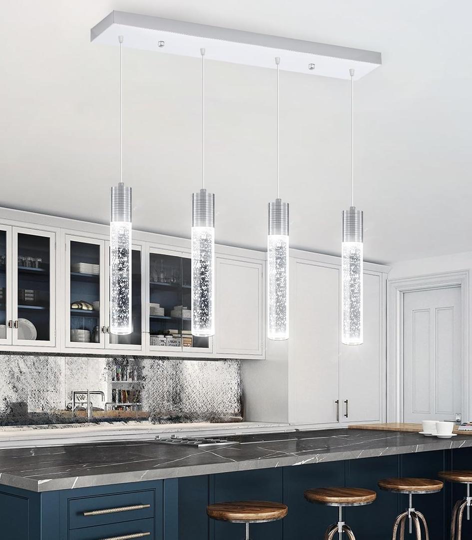 4-Lights Mini Crystal Pendant Light for Kitchen Island, Modern Led Crystal Chandelier for Dining Room Living Room 6000K