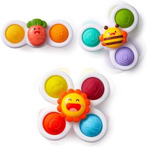LiKee Strong Suction Cup Fidget Rotating Sensory Bath Toys for Baby 12 18 Months Airplane Car Travel Table & Window Toys for 1 2 Years Old Toddler Boys and Girls (Sun)