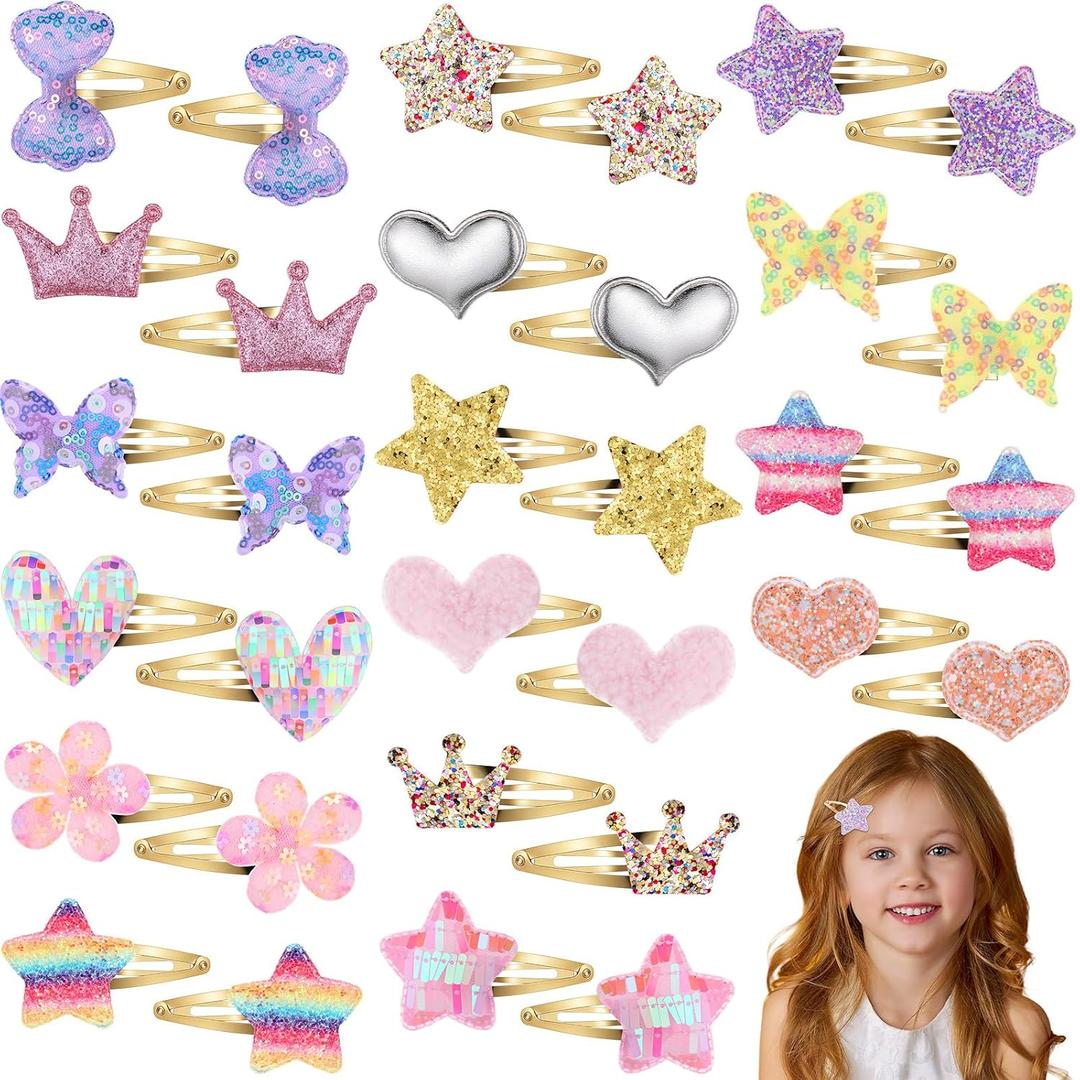 Hanaive 32 Pcs Christmas Girls Gift Hair Clips Glitter Butterfly Metal Snap Hair Accessories for Kids Girls Cute Heart Shaped Barrettes Sparkly Barrettes Clips for Toddlers Kids(Classic,Gold)