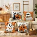 Halloween Pillow Covers 16 x 16 Inch Set of 4 Orange Polka Dots Pumpkins Boo Black Cat Ghost Throw Pillow Covers Indoor Outdoor Decorative Pillow Case for Sofa Couch Bed Living Room Decor