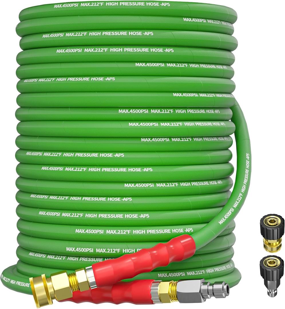 Pressure Washer Hose 100FT 3/8" for Cold and Hot Water 212F, with Swivel Quick Connect, 4500PSI Kink Resistant Grade Steel Wire Braided, Power Washer Hose With 2pcs M22-14mm Adapter (Green)