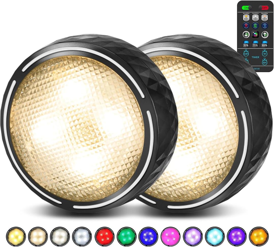 TECOMLIGHT LED Puck Lights with Remote Control, Battery Operated Wireless Closet Lights, Under Cabinet Lighting Stick on Tap Push Light, Color Changing Under Counter Light for Kitchen, 2 Pack - Black