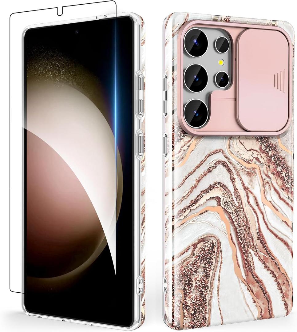 SHEDEER for Samsung Galaxy S25 Ultra Case with Slide Camera Cover & Screen Protector, Anti-Yellowing Chic Pattern, Shockproof Anti-Scratch Slim Thin Phone Cover Samsung S25 Ultra 6.9'', Rosegold