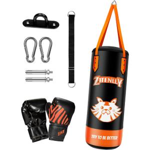 Kids Punching Bag with Gloves - PU Leather & Adjustable Height Strap - Boxing Bag Set for 3-8 Years Kids Great for Boxing, MMA, Kickboxing (Orange-Unfilled)