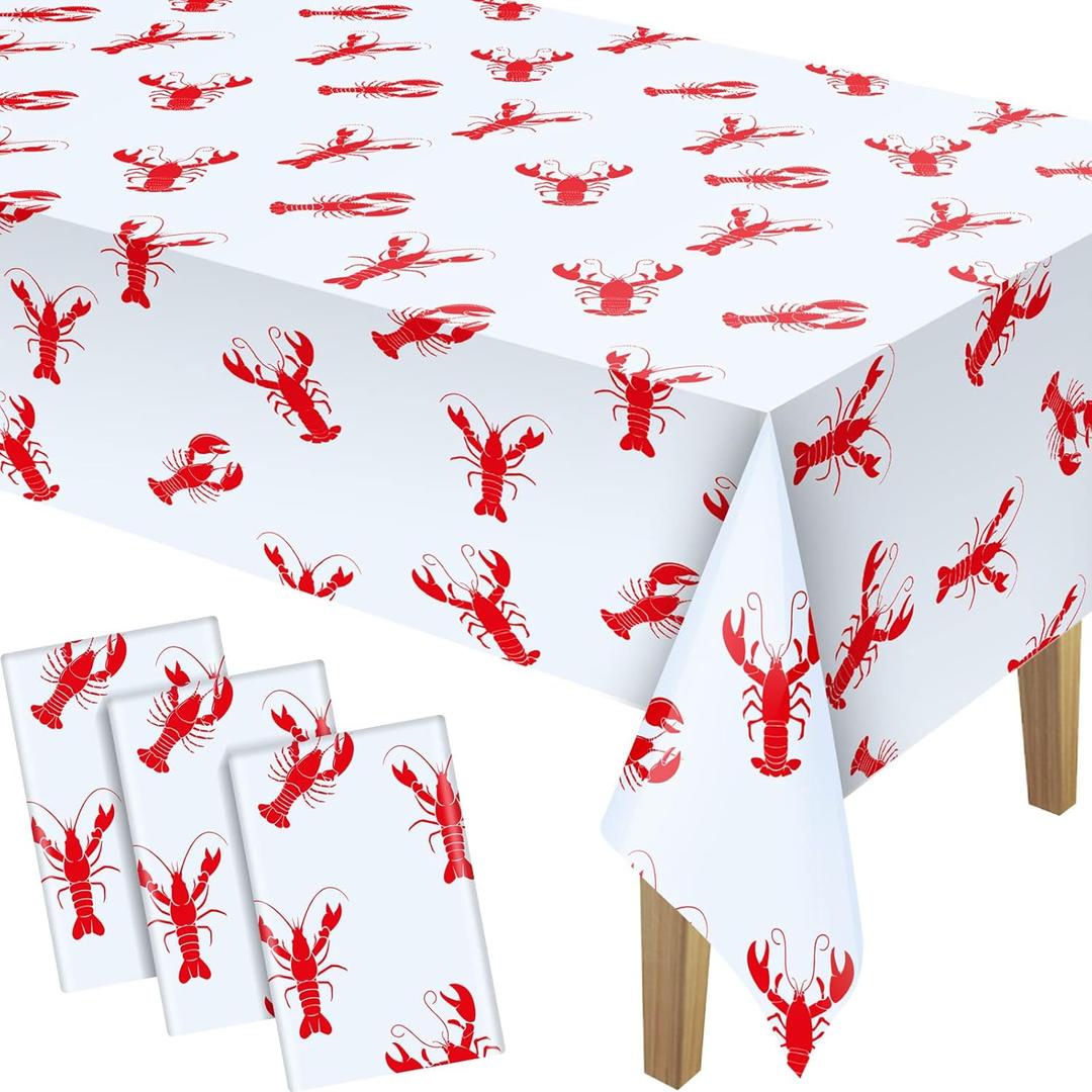 3 x Touman 4 Pieces Crawfish Tablecloth Birthday Party Lobster Table Covers White and Red Crawfish Table Cloth for Party Decoration Supplies, 108 x 54 Inches