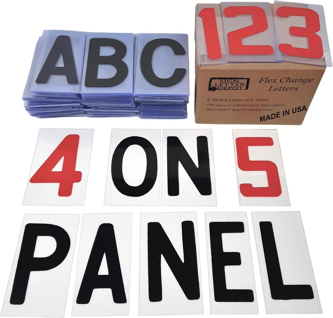 4" Flex Changeable Sign Letters on 5" Clear Panels – Black Letters & Red Numbers – Fits A-Frame, Sidewalk & Portable Signs – Made in USA, 4 inch letter printed on 5" High panel