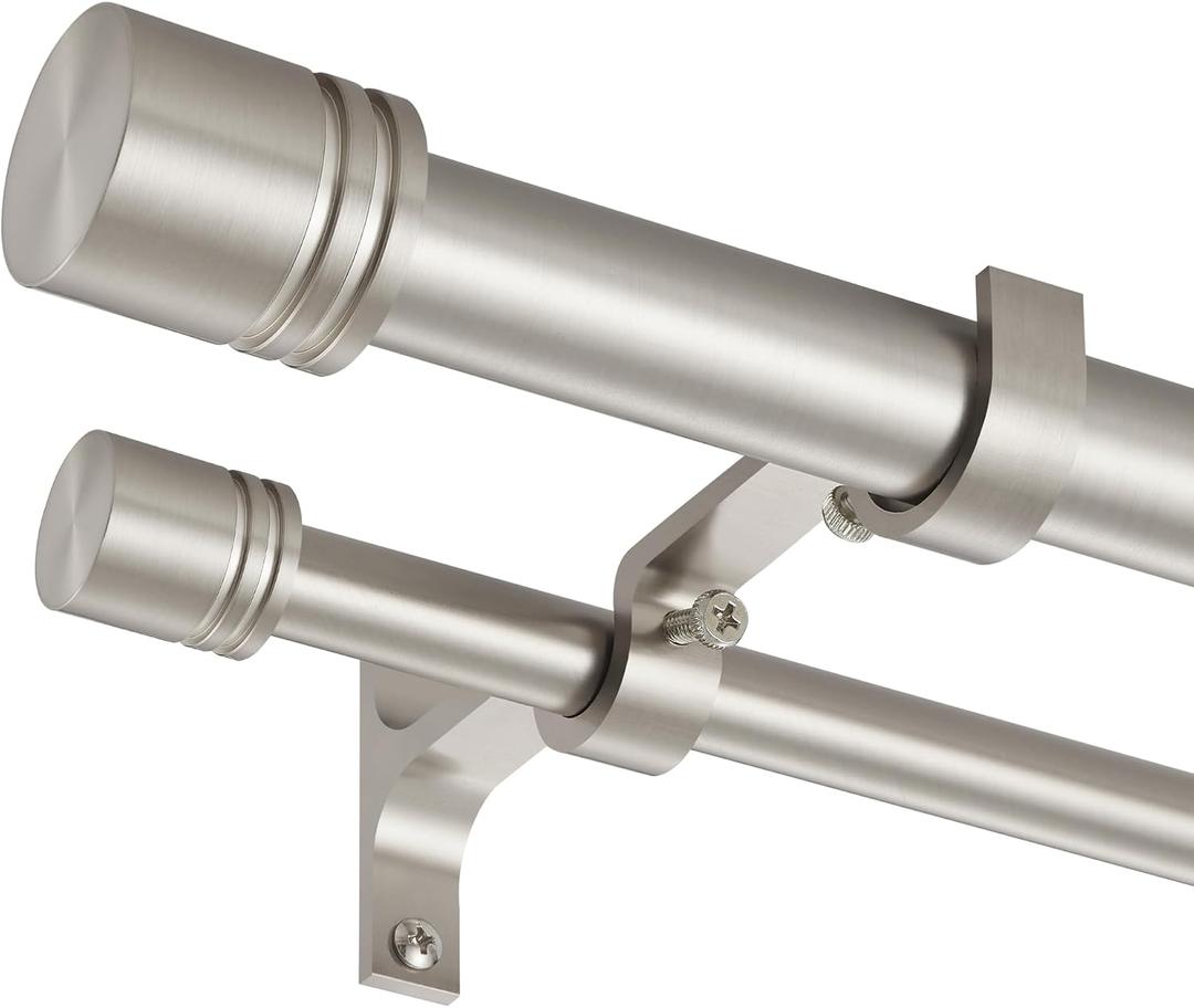 Double Curtain Rods 36-72 Inches for Windows, 1 Inch Diameter Adjustable Heavy Duty Drapery Rod with Aluminum Alloy Brackets and Finials, Modern Stylish Dual Curtains Rod, Brushed Nickel