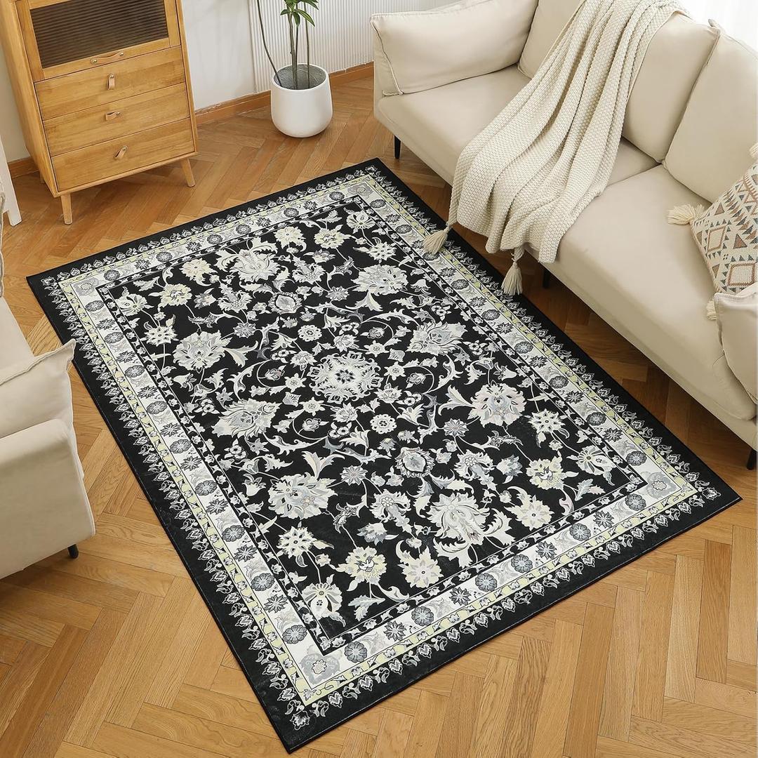 Boho Area Rugs with Non-Slip Backing, Machine Washable, Soft Print Pattern Indoor Carpet, Vintage Floral Mat, Ideal for High Traffic Areas in Living Room, Home, Black 6'x9'