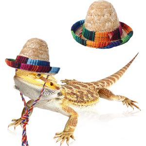 2pcs Bearded Dragon Sombrero Hat, Cinco De Mayo Lizard Straw Hat with Adjustable Chin Strap Fun Costume Accessories for Reptile Hamster Ferret Leopard Gecko Guinea Pig Small Pet