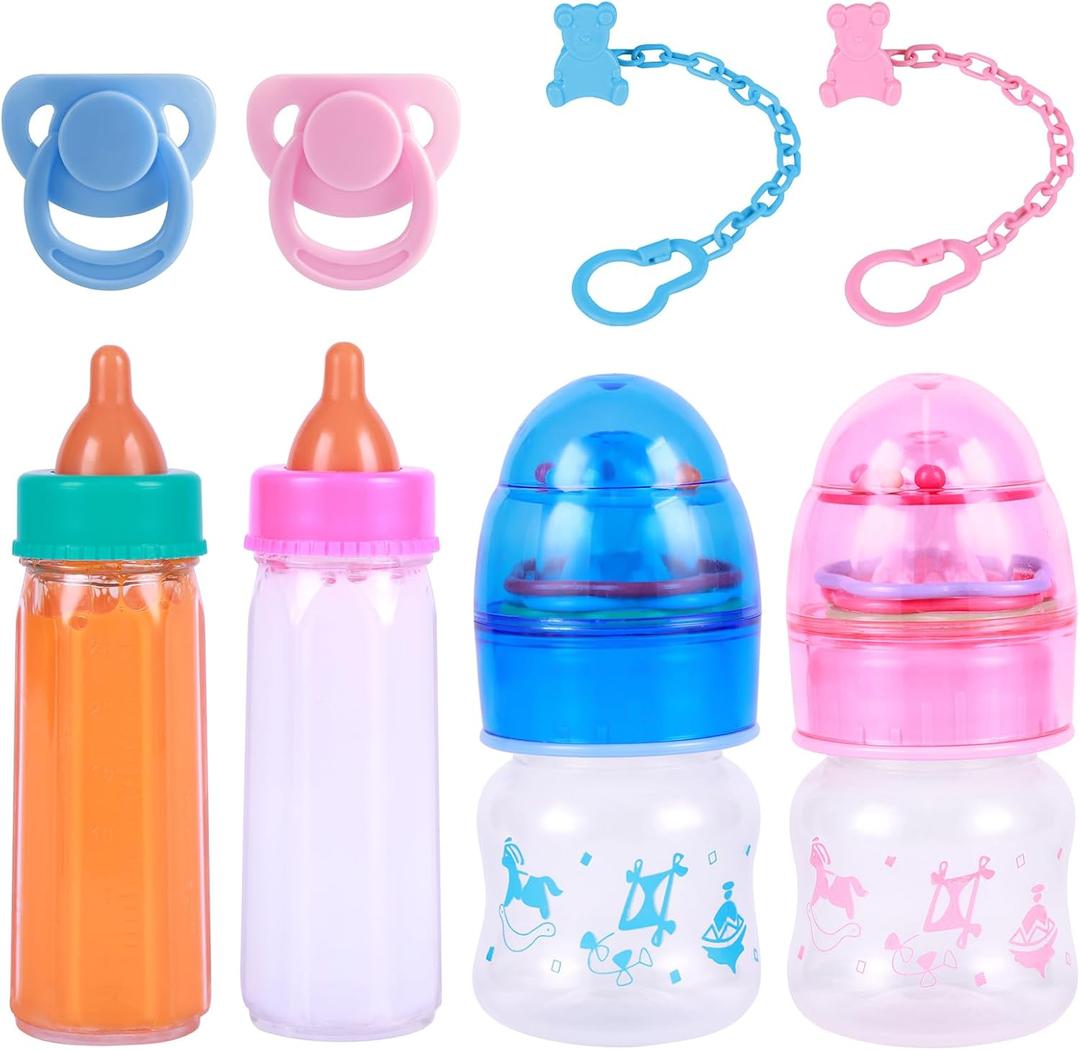 BABESIDE Baby Doll Bottles with Disappearing Milk and Juice Magic Bottles, Magnetic Pacifiers and Pacifier Clips Chain for Reborn Baby Dolls Girls & Boys, 8 Pcs Baby Doll Accessories Set