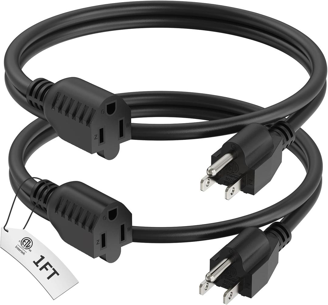 PLUGTUL 1 Foot Extension Cord Black, 2-Pack Short Power Cord, Indoor/Outdoor 16 Gauge 3 Prong Grounded Wire ETL Listed, 13A 1625W 125V SJTW