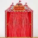 Tingjoo 6 Pcs Carnival Circus Party Decorations Set Red and White Circus Tent Door Cover Banner with Red Tinsel Fringe Curtain Backdrop Striped Awning Halloween Clown Theme Birthday Supplies