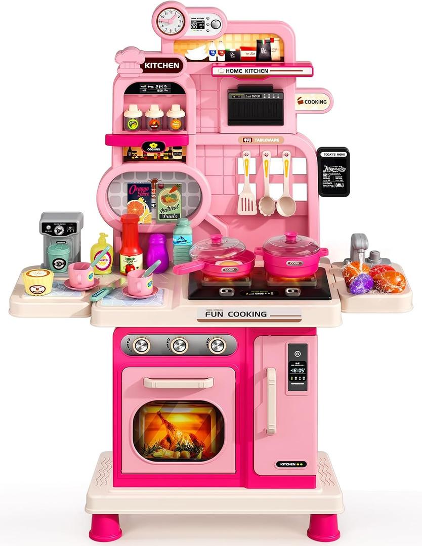 Kids Kitchen Playset, Toddler Play Kitchen Set Toys with Sound & Light, Cooking Stove, Play Sink, Play Food Kitchen Accessories, Pretend Kitchen Toy for Kids Toddlers Girls Ages (Pink)