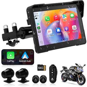 Artman Motorcycle Dash cam Front and Rear, 7'' IPS Touch Screen, Portable Motorcycle Carplay for Apple Carplay and Android Auto GPS Navigation System, TPMS Compatible, IP67 Waterproof & 64G SD Card