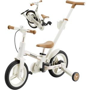 lecoco Upgraded Toddler Bike with Push Handle 6 in 1 for Kids, Balance Bicycle Toys with Training Wheels, Brackes, Cup Holder, Pedal, Kickstand Birthday Gift for Boys and Girls (Cloud White)