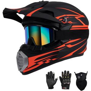 Youth Kids Motocross Helmet DOT Approved, Adult ATV Dirt Bike Off-Road MX Full Face Motorcycle Helmet with Goggles Gloves Mask for Boys Girls,Lightweight Breathable for Trail Riding (Small, Orange-Red)